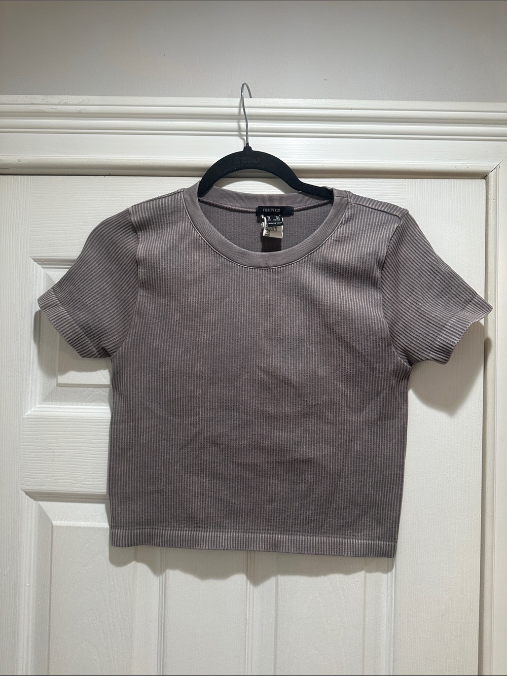 Forever 21 Ribbed Short Sleeve Crop Top - Taupe Gray